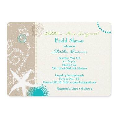 Beige Tan Aqua Beach Surprise Bridal Shower Invitations