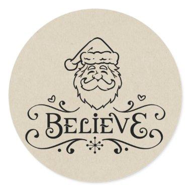 BELIEVE Rustic SANTA Christmas Holiday Favor Treat Classic Round Sticker