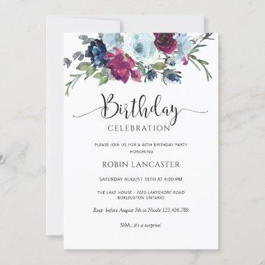 Berry, Blue, Burgundy Floral Birthday Invitations
