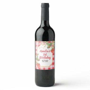 Berry Sweet Watercolor Strawberry 1st Birthday Wine Label