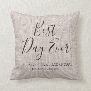 Best Day Ever Beige Linen Wedding Throw Pillow