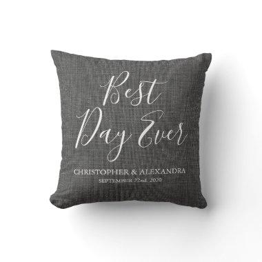 Best Day Ever Burgundy Grey Linen Wedding Throw Pillow