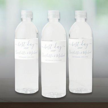 Best Day Ever Elegant Dusty Blue Script Wedding Water Bottle Label