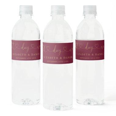 Best Day Ever Script Burgundy And Gold Wedding Water Bottle Label