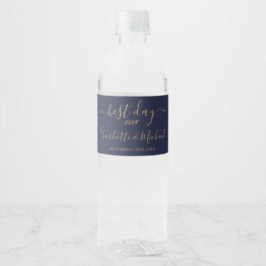 Best Day Ever Script Navy Blue And Gold Wedding Water Bottle Label