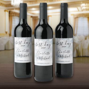 Best Day Ever Script Winter Snowflakes Wedding Wine Label