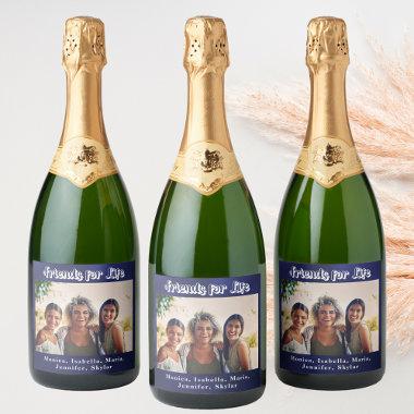 Best friends photo navy blue white names party sparkling wine label