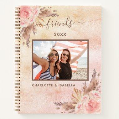 Best friends photo pampas pink floral rose gold notebook