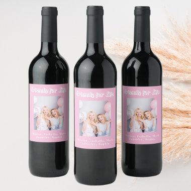 Best friends pink pastel photo names party wine label