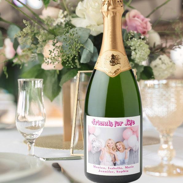 Best friends white pink photo names party sparkling wine label