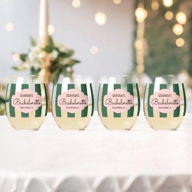 Beverly Hills Pink & Green Bachelorette Stemless Wine Glass