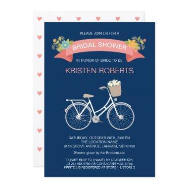 Bicycle Bridal Shower Navy Blue Coral Pink Floral Invitations