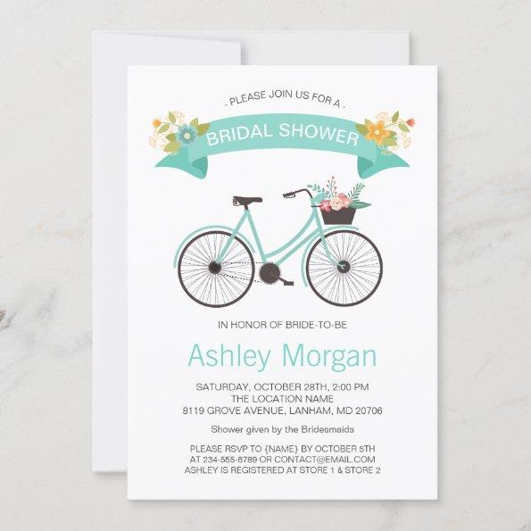 Bicycle Bridal Shower Pastel Mint Floral Invitations