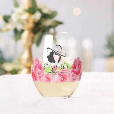 Big Hat Lady Roses Bridal Shower Stemless Wine Glass