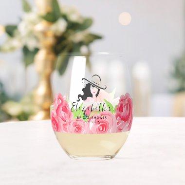 Big Hat Lady Roses Bridal Shower Stemless Wine Glass