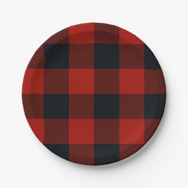 Big Red & Black Checkered Squares Buffalo Plaid Paper Plates