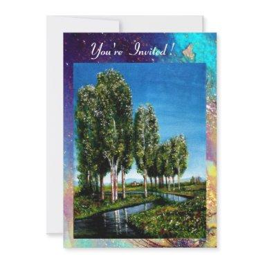 BIRCH TREES IN TUSCANY, blue green gold sparkles Invitations