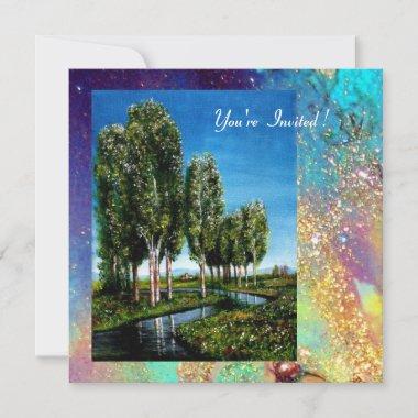 BIRCH TREES IN TUSCANY, blue green gold sparkles Invitations