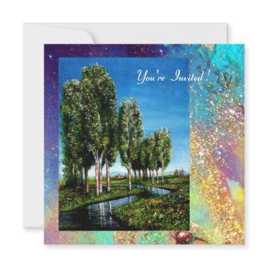 BIRCH TREES IN TUSCANY, blue green gold sparkles Invitations