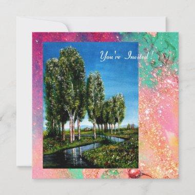 BIRCH TREES IN TUSCANY, pink green gold sparkles Invitations