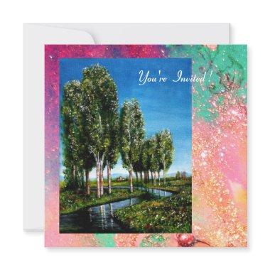 BIRCH TREES IN TUSCANY, pink green gold sparkles Invitations