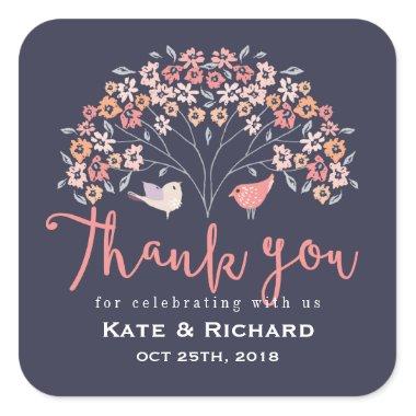 Birds and Flower Script Thank You Wedding Sticker