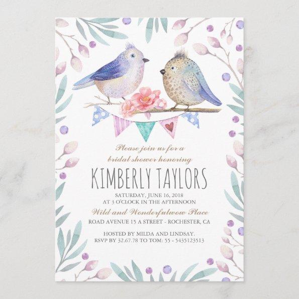 Birds and Pink Flowers Woodland Bridal Shower Invitations