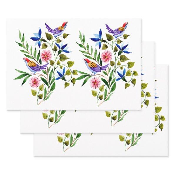 Birds Flowers Watercolor Birthday  Wrapping Paper Sheets