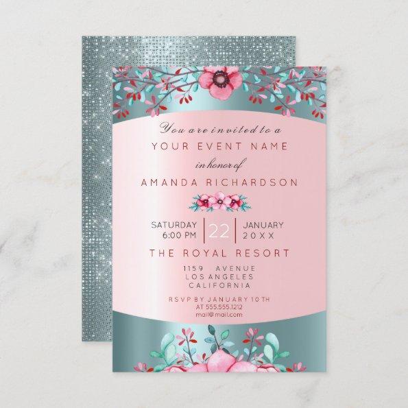 Birthday 16th Bridal Floral Pink Blue Tiffany Aqua Invitations