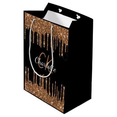 Birthday black gold glitter drips monogram luxury medium gift bag