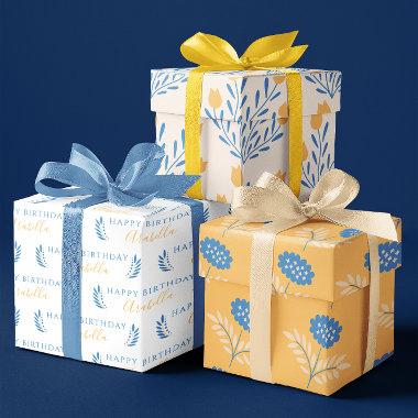 Birthday Blue and Orange Floral Wrapping Sheets