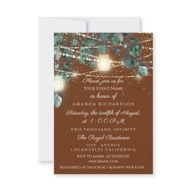 Birthday Bridal Brown Jar Light Gold Rustic Mint Invitations