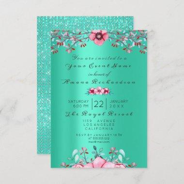 Birthday Bridal Floral Pink Bohemian Mint Green Invitations