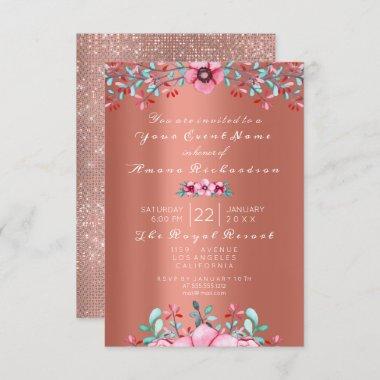 Birthday Bridal Floral Pink Rose Copper Sparkly Invitations