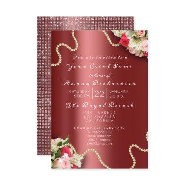 Birthday Bridal Floral Pink Roses Burgundy Pearls