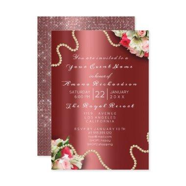 Birthday Bridal Floral Pink Roses Burgundy Pearls Invitations