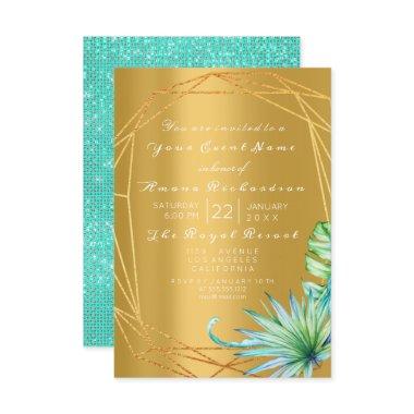 Birthday Bridal Palm Mint Aqua Tropic Frame Gold Invitations