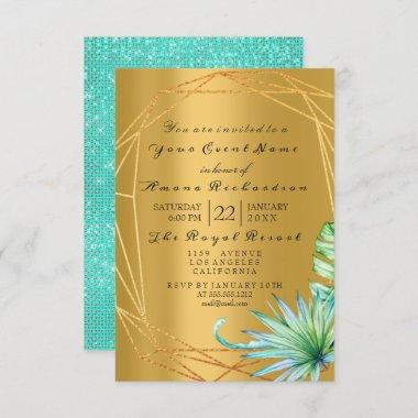 Birthday Bridal Palm Mint Aqua Tropic Monstera Gol Invitations