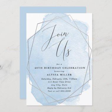 Birthday Celebration Blue Watercolor, Silver Frame Invitations