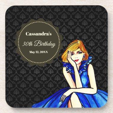 Birthday Girl Dark Royal Blue Cocktail Gown Damask Beverage Coaster