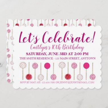 Birthday Party Baby Bridal Shower Pink Cake Pops Invitations