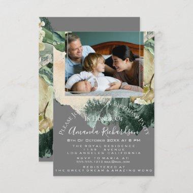 Birthday Party Photo Floral Gray Green Framed Invitations