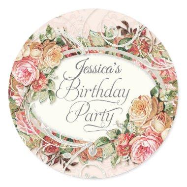 Birthday Party Vintage Floral Rose Elegant Blush Classic Round Sticker