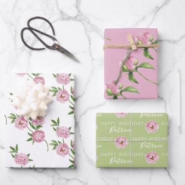 Birthday Peony Wrapping Paper Flat Sheet Set of 3