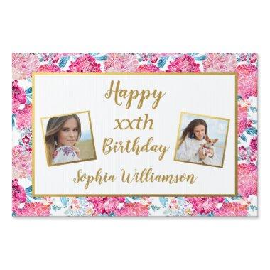 Birthday Photo, Chic Pink flowers, Any Age Yard Sign