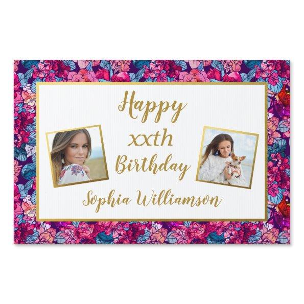 Birthday Photo, Pretty Pink Blue Flowers, Any Age Sign