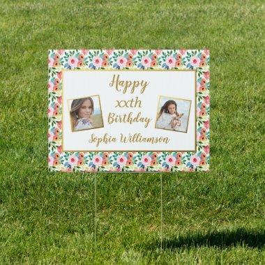 Birthday Photo, Pretty Watercolor Flowers, Any Age Sign