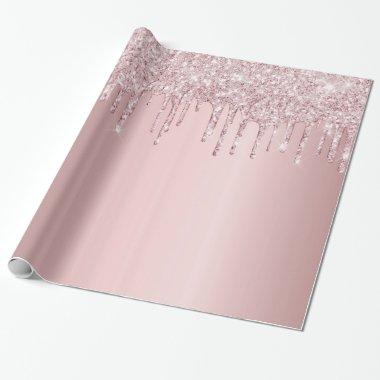 Birthday pink glitter drips sparkle dusty rose wrapping paper