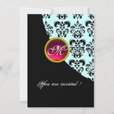 BLACK AND BLUE DAMASK MONOGRAM,red ruby Invitations