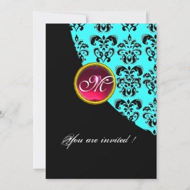 BLACK AND BLUE DAMASK MONOGRAM,red ruby,turquase Invitations